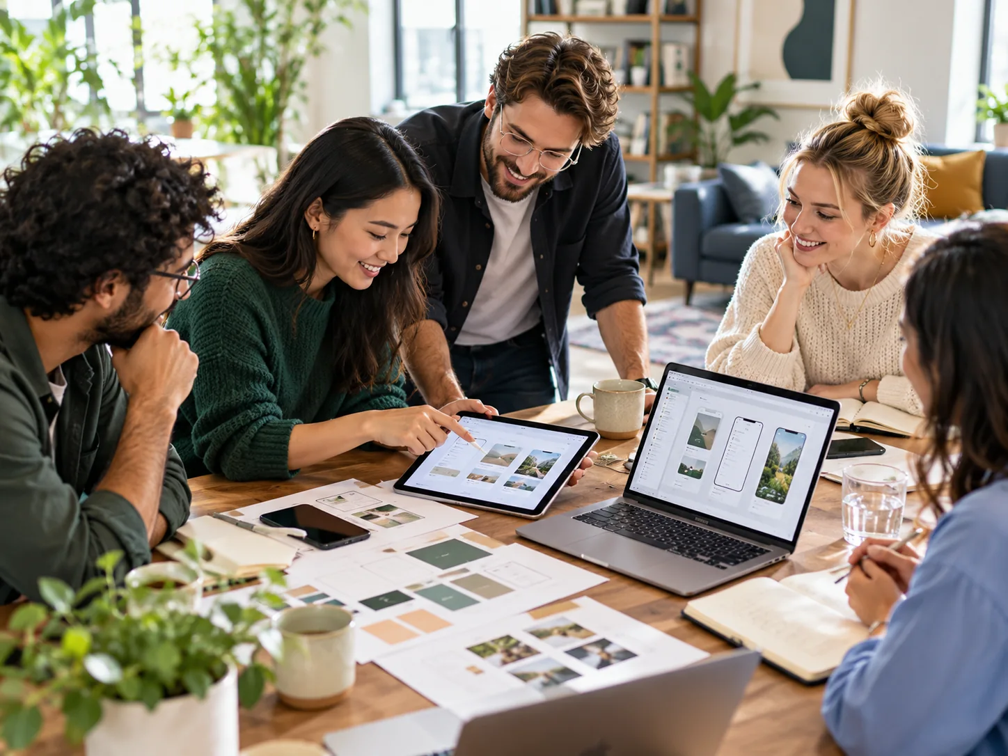 Software team planning a project together in a bright office